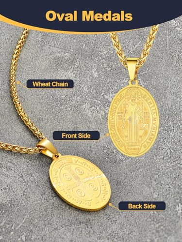 U7 Saint Benedict Medal Necklace for Men Women, Stainless Steel Catholic Pendant, Silver Gold st Crucifix Religious Protection Cross Jewellery for Faith Believers Christians, 22+2 Inches Wheat Chain