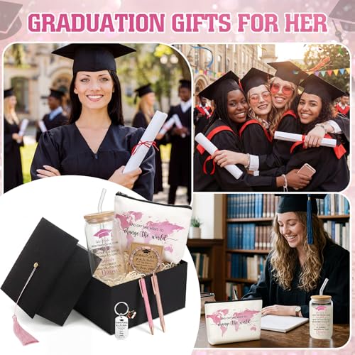 Vesici 8 Pcs Class of 2026 Graduation Gift Box Set for Women Her Grad Cap Box Glass Cup Makeup Bag Bracelet Pen Keychain College High School Graduation Gift for Daughter Sister Friend(Pink) Pink