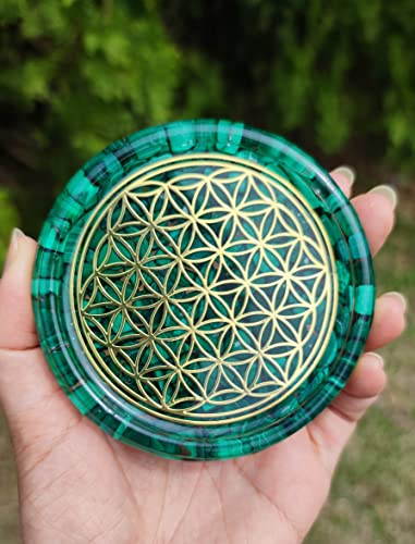 LARGE 4" Malachite Crystals Flower Of Life Coaster Water Charging Plate Energy Dome