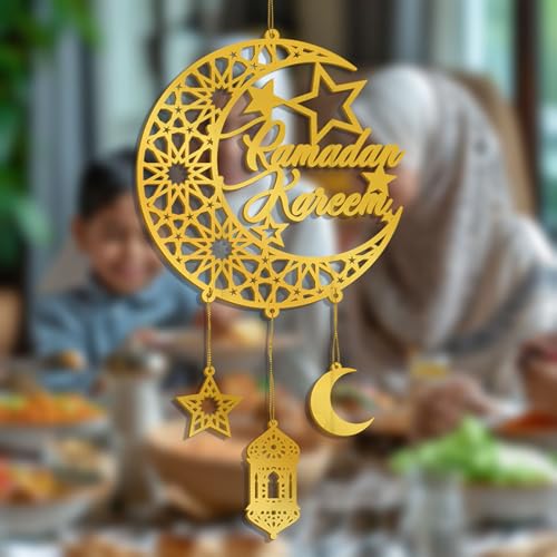 FUNCATCHER Ramadan Decorations for Home - 8.5x8.5 Inch Golden Acrylic Crescent Moon Hanging Ornaments, Islamic Eid Wall Door Decor (1, A) 1