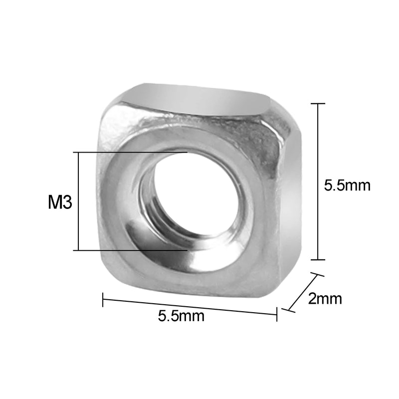 [Australia - AusPower] - Pack of 100 M3 Square Nuts, 304 Stainless Steel Metric Coarse Thread Assortment Kit 