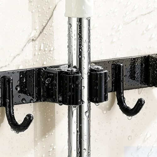 Pack of 2 Broom Holder Wall Self-Adhesive Stainless Steel (Black) - For Mop, Scrubber & Hand Brush - Adhesive or Screw Attachment - 2 Clips + 3 Hooks - Storage for Home, Garage 2 clips, 3 hooks (2 pieces) Black