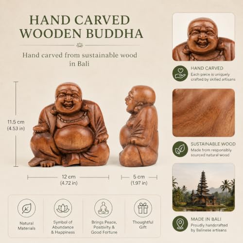 Laughing Buddha Statue Wooden Hand Carved Buddha Ornament – Sustainable Bali Wood Figure – Feng Shui Prosperity Buddha – Spiritual Meditation Gift – 11.5cm x 12cm