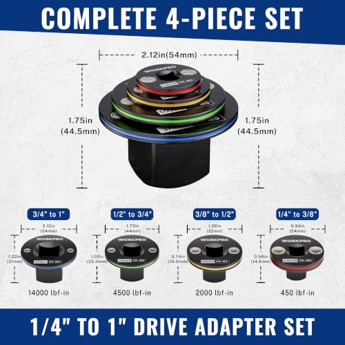 WORKPRO 4-piece low profile impact socket adapter set with durable drive adapters for wrench and socket use