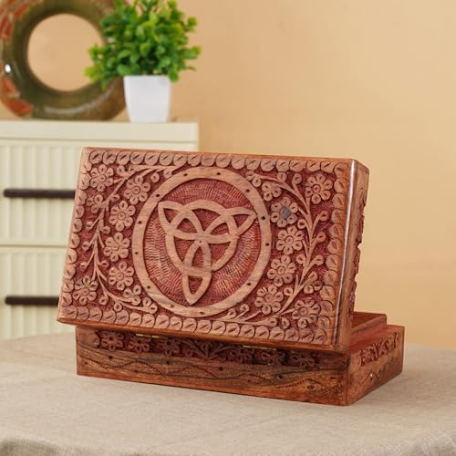 Ajuny Wooden Jewelry Box, Hand Carved Keepsake Chest - 8x5x2.5 Inch