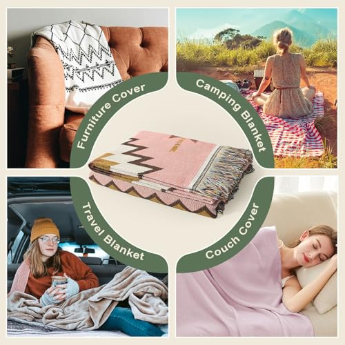 Snycler Boho Throw Blanket for Bed 50 * 60inch Woven Blanket Cotton Polyester Farmhouse Decor for Indoor Outdoor Sofa Bedroom Garden，All Season(Pink) Pink 50x60inch