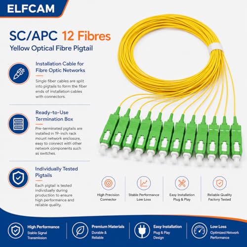 Elfcam - Fibre Optic Pigtail Set Single Mode OS2 with Plug Type SC/APC, Consists of 12 Individual Fibre Optic Pigtails, Yellow OS2 SC/APC Yellow