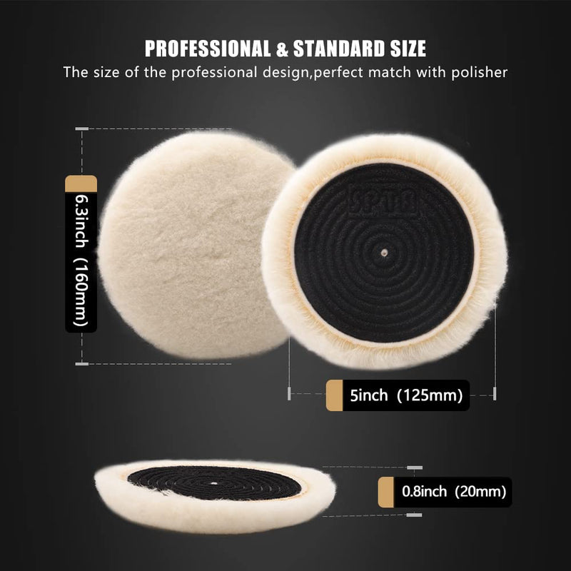 SPTA Wool Buffing Polishing Pads, 3Pcs 5 Inch (125mm) Wool Cutting Pad, Wool Compounding Pad, Buffing and Polishing Pads Buffing Wheel for 5 Inch Car Polisher Compounding, Polishing, Buffing 125mm