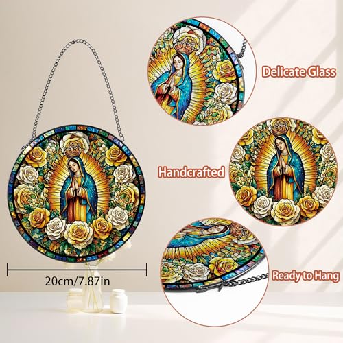 Virgen de Guadalupe Crowned Yellow White Roses Stained Glass Suncatcher Guadalupe Yellow White Roses