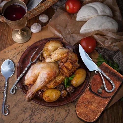 Customize Stainless Steel Viking Medieval Feasting Set, Handmade Mirror Polished Viking Twisted Pattern Flatware With Leather Pouch, Perfect for Cosplay and Gift for Loved Ones (Person 1) Person 1