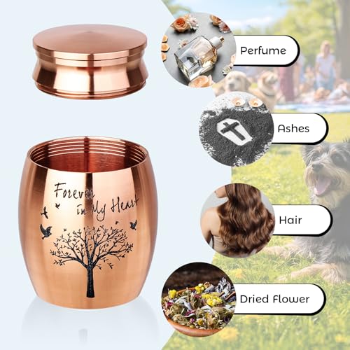 Personalized Small Pet Urn for Ashes - Waterproof Cremation Keepsake Stainless Steel Memorial Urn with Tree Patterns and Text for Ashes Holder Memorial Dog Cat Funeral Decorative (Rose Gold) Rose Gold