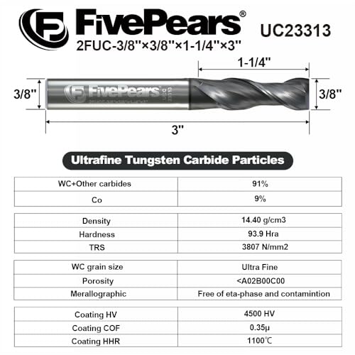 FIVEPEARS up-cut spiral router bit, 3/8-inch carbide shank and 1-1/4-inch cutting length for CNC wood carving