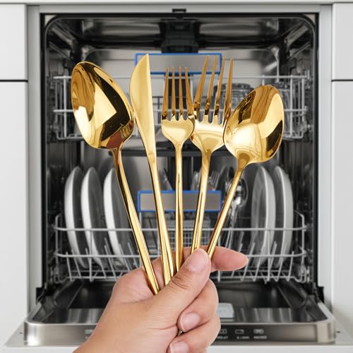 30-Piece Silverware set for 6, Premium 18/10 Stainless Steel Flatware Cutlery Set, Luxury Eating Utensils Set Include Spoons Forks & Knives, Mirror Polished, Dishwasher Safe (Gold)