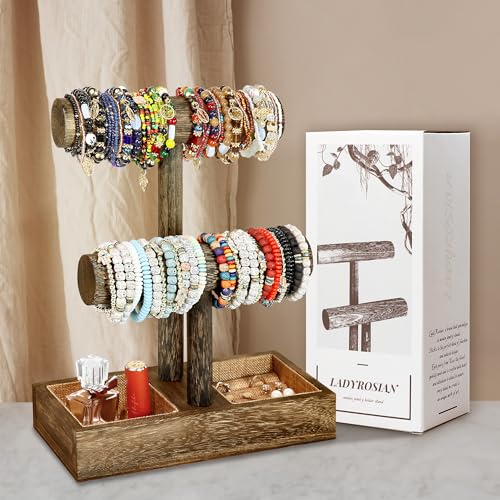 LadyRosian 2 Tier Wooden Display Jewelry Accessory Stand Jewelry Bracelet Holder Bangle Watch Necklace Storage Jewelry Box Organizer, (Brown-2 layers) Brown 2-Tier