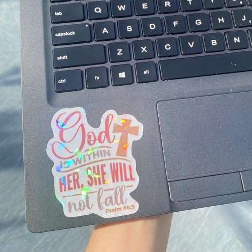 (3 Pcs) Holographic God is Within Her She Will Not Fall Psalm 46 5 Sticker - Christian Bible Verse Decal - Inspirational Faith Gift for Women - Waterproof for Laptop, Tumbler, Phone 3 Inches
