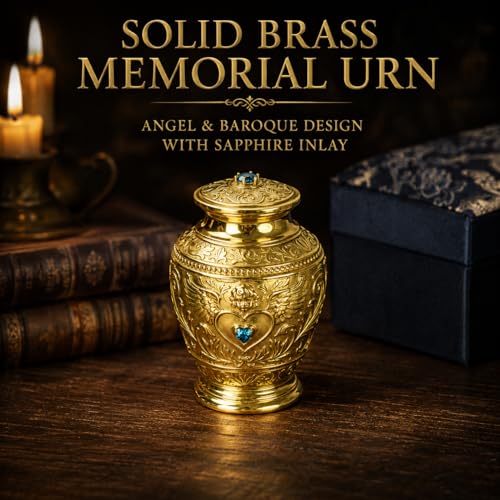 Premium Solid Brass Memorial Urn – Angel & Baroque Relief Design with Sapphire Inlay, Luxury Keepsake for Ashes of Pets or Loved Ones (Aging) Aging