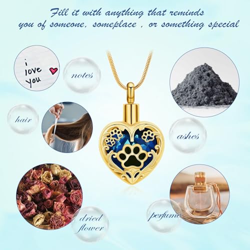 Heart Urn Necklace For Ashes Birthstone Pet Memorial Jewelry Dog Paw Print Cremation Pendant Stainless Steel Keepsake Gift For Pet Lovers Gold blue