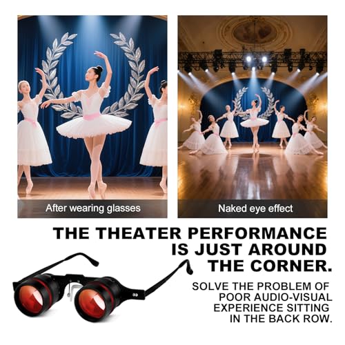 BIJIA 3X Hands-Free Binocular Opera Glasses, for concerts, theater, opera, sports events, travel, museum, close-up wildlife viewing and fishing, clear edge-to-edge optics, adjustable focus (HD lenses) Black frame, red-coated lenses