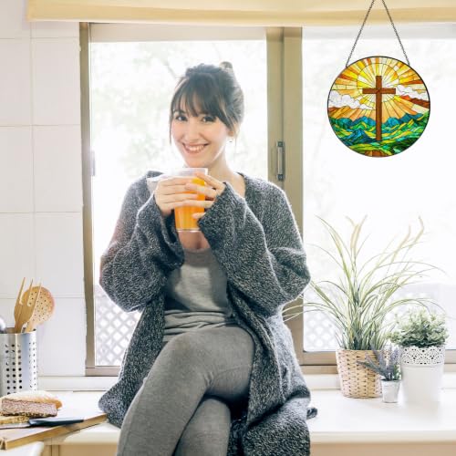 Christian Cross Stained Glass Window Hanging Art Light Sun Christian Gifts for Women Handmade Jesus Suncatchers Decoration for Garden Home Windows Hanging, 7.87inch Cross-02