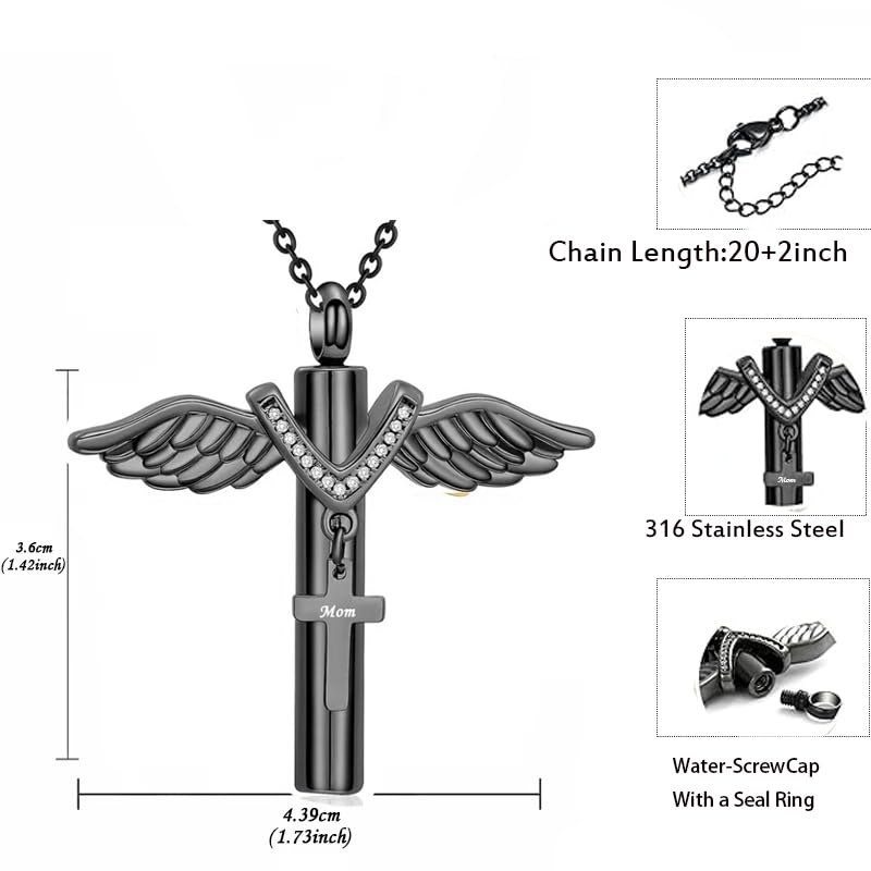 Cross Urn Necklace for Mom Dad Grandma Grandpa Brother Uncle Aunt Angel Wings Cremation Pendant Memorial Keepsake Jewelry