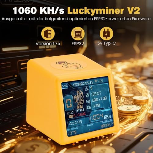 Luckyminer V2 Bitcoin Miner - 1060 KH/s Solo Lottery Miner with ESP32-WROOM-32, 1.54 Inch Display & Hash Rate Calculator - Plug & Play USB Miner for Home, Office & as a Table Clock (Compatible with V2