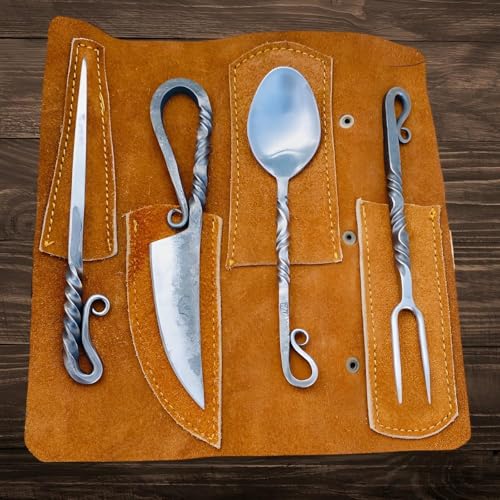 Hand Forged Viking Cutlery Set Knife Knives Black Silverware Set With Leather Cover- Medieval 4 Pcs Kitchen Utensils Set, Viking Cutlery Set Knife Spoons And Forks Set- Dinnerware Sets