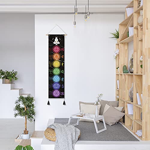 DigiTizerArt Hanging Poster Canvas Wall Art Banner for Meditation 7 Chakras Yoga Painting | Wall Hanging Tapestry Decoration Black and White | 33 x 135 cm (Black) Style-A Black