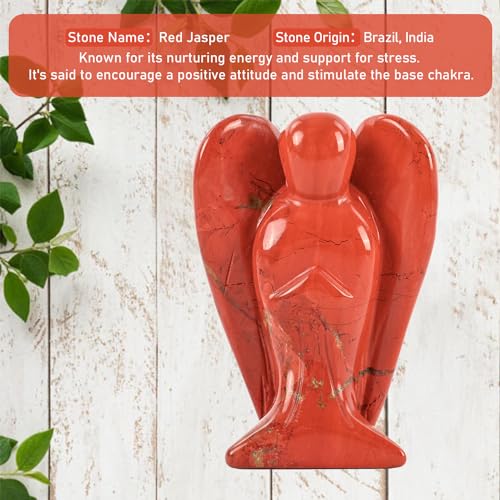 WHAL&YUNE Red Jasper Angel Figurine Natural Energy Healing Crystals Gemstone Hand Carved Sculpture for Home Office Desk Decor Holiday Lucky Gift - 2 inches 2" Red Jasper