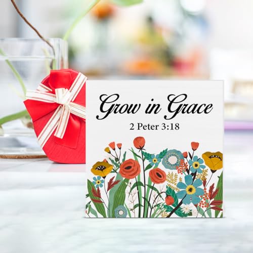 Christian Desk Decor Farmhouse Grow in Grace Scriptures Floral Wood Box Sign Bible Verse Decorations Rustic Home Desk Shelf Tabletop Decor 5 x 5 Inches yf-16