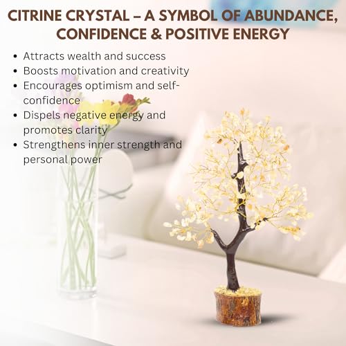 Citrine Crystal Tree of Life, Healing Gemstone Money Tree for Good Luck, Prosperity & Positive Energy, Handmade Feng Shui Bonsai Decor for Home Office, Spiritual Gifts for Women & Men Citrine - Yellow (Golden Wire)