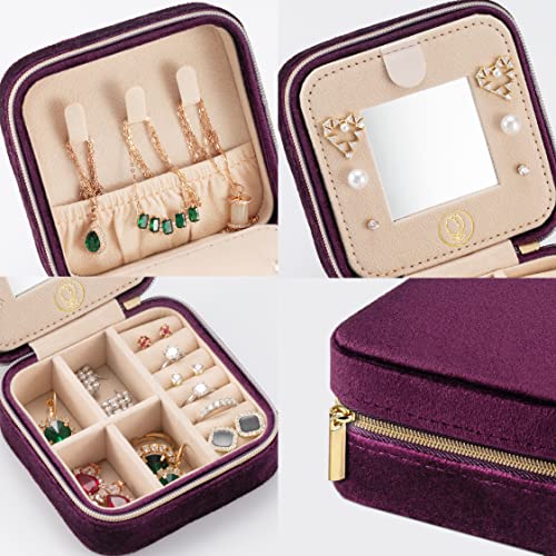 ZPROW Plush Velvet Travel Jewelry Case, Travel Jewelry Organizer, Jewelry Travel Case, Travel Jewelry Box, Small Jewelry Case, Jewelry Travel Box, Earring Organizer with Mirror - Purple 4packs Velvet 4 Pack - Purple