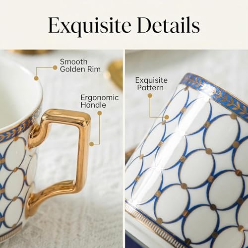 CwlwGO- European Bone China Tea Cup Sets Of 2,Elegance Blue and White Ceramic Cup and Saucers, For Women Tea Parties or Gifts Giving.