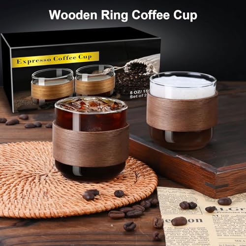 PARACITY Espresso Cups Set of 2 with Wooden Ring, 5 OZ High Borosilicate Espresso Shot Glass, Clear Small Expresso Shots Cup, Espresso Accessories (Pack of 4) 5 Ounces (8 pack)