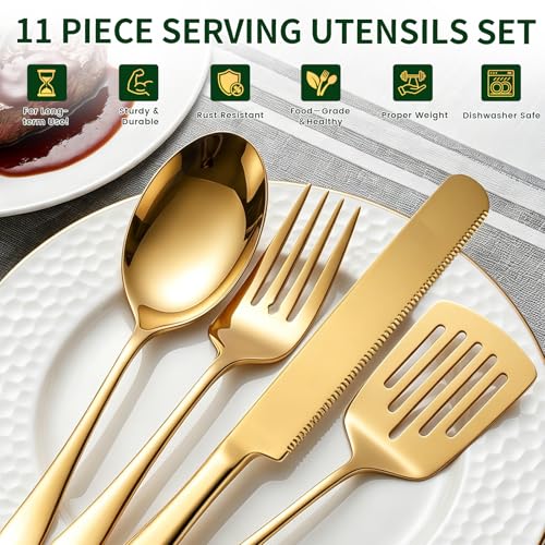11-Piece Gold Serving Utensils Set, Stainless Steel Large Serving Spoons, Fork, Spatula, Ladle, Cake Knife & Server - Party Serving Supplies for Buffet, Weddings & Catering (Gold)