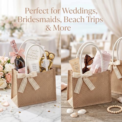 Lifory small beige burlap tote bag with handles and removable lace bows, reusable grocery bag for weddings or special occasions