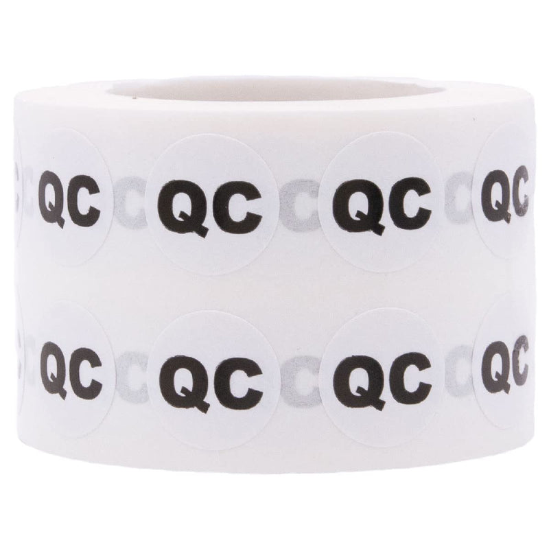 QC Quality Control Stickers – 1/2 Inch Round Adhesive Labels, 1000 Total Stickers Per Roll, White with Black Text for Product Inspection, Manufacturing, and Packaging – Made in the USA