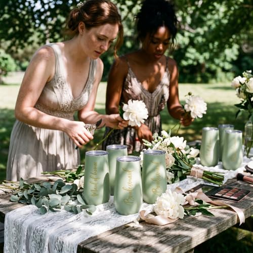 ELEGANTPARK Bridesmaid Proposal Gifts, Sage MOH Champagne Flutes Set of 5 Sage Set-Bride+Maid+Bridesmaid x 3