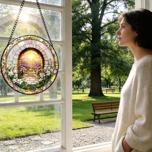 7.87 Inch Religious Stained Glass Window Hanging,Sky Mirror Stained Glass Suncatcher Window Panel Christianity Suncatcher Decor for Birthday for Women, Men, Wife, Aunt, and Mom Sky Mirror&flower