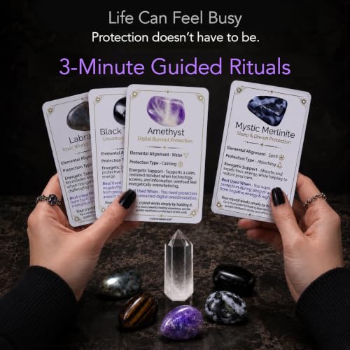Enchanted LION® Ultra-Premium Ethically Sourced Protection Crystal Set, for Shielding and Peace, Black Tourmaline, Labradorite, Amethyst, Tiger's Eye, Quartz Wand & 3-Minute Ritual Cards + Gift Box