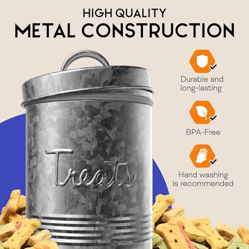 Amici Pet, Retro Treats Galvanized Relief Lettering Metal Storage Canister, Food Safe, Push Top, 72 Ounces (Pack of 2) Large/72 oz (Pack of 2)