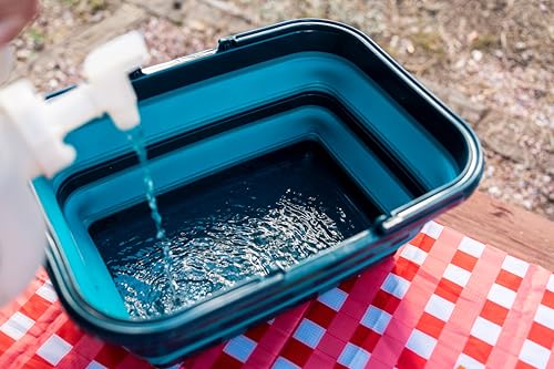 Adventure Ready 16L collapsible portable sink for hiking, camping, and travel, featuring a flatware compartment and compact design.