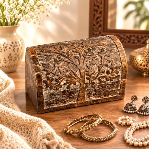 Premium Handmade Wooden Treasure Chest Decorative Trunk for Keepsakes Semicircular Curved Floral Jewellery Box Trinket Box Ladies Jewellery Storage Case Handcrafted Home Decor (Plain Tree) Plain tree