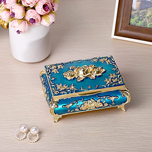 ELLDOO Vintage Music Box, Blue Metal Musical Jewelry Box Keepsake Box, Small Trinket Jewelry Storage Box Gift for Girl Women (Tune: You are My Sunshine)