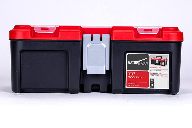 13-inch Sturdy Toolbox - 3 Compartments, Removable Tool Tray - Strong Lid, Easy Grip Handle - Made of Polypropylene Plastic Black 13 In