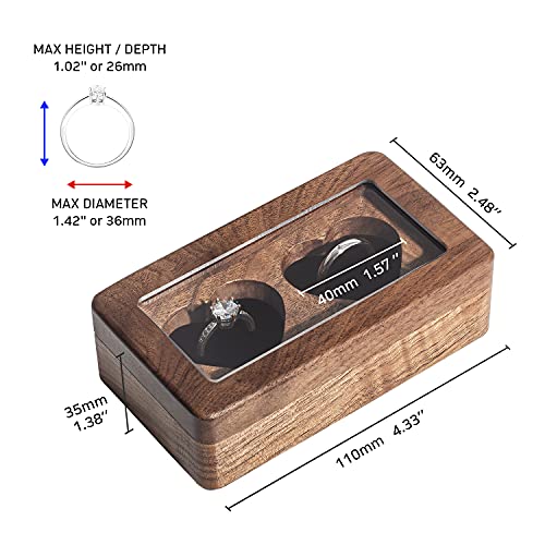 Wooden double heart wedding ring box by Wislist, walnut rectangle jewelry case for engagement rings, with a romantic heart design.