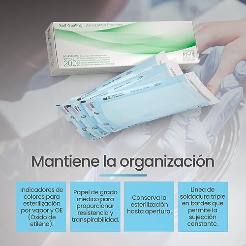 200 Sterilisation Bags (90 x 250 mm) Self-Adhesive for Steam Steriliser Autoclave, Bags for Sterilising Dental and Manicure Instruments - Medical Grade Paper