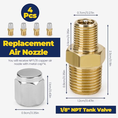 LELE LIFE 4 Pack 1/8" NPT Tank Valve with Airtight Metal Sealing Caps, Anti-Corrosion Brass Valve with Male NPT and Standard Core, for Air Compressor Tanks, 1/8" NPT