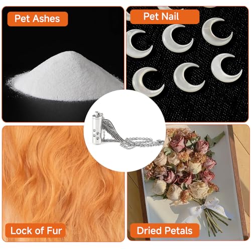 Cylinder Pet Ashes Necklace with Angel Wing, Stainless Steel Dog Urn Pendant for Ashes, Silver Cremation Jewelry Keepsake with Funnel & Pouch, Cat & Pet Memorial Necklace Paw