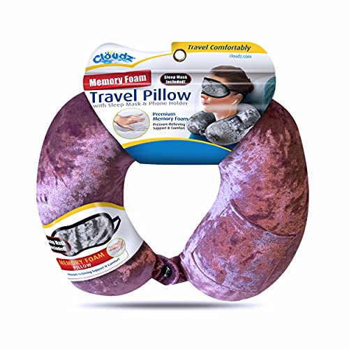 Cloudz Crushed Velvet Ultra Premium Comforlite Memory Foam Airplane Travel Neck Pillow with Matching Luxuriously Soft Black Out Sleep Mask - Purple