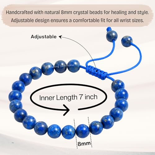 Amazing Gemstone Lapis Lazuli Bracelet for Women Men's Gifts - Protection Healing Crystal Bracelet - 8mm Gemstones Beaded Adjustable Bracelet Pulseras para Hombres Mujer Stocking Stuffers